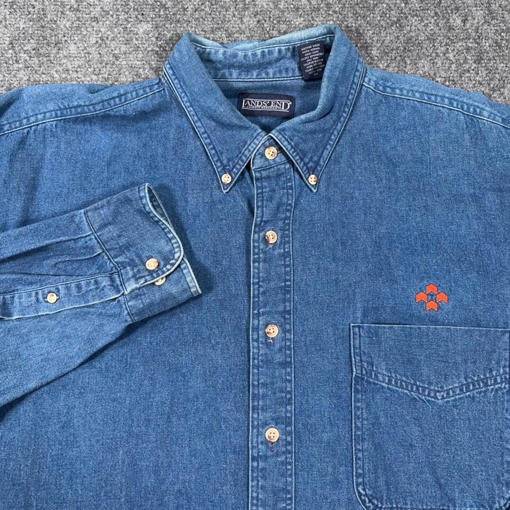 VTG Lands End Denim Button Down Shirt Men XL Embroidered Blue USA Cowboy Western